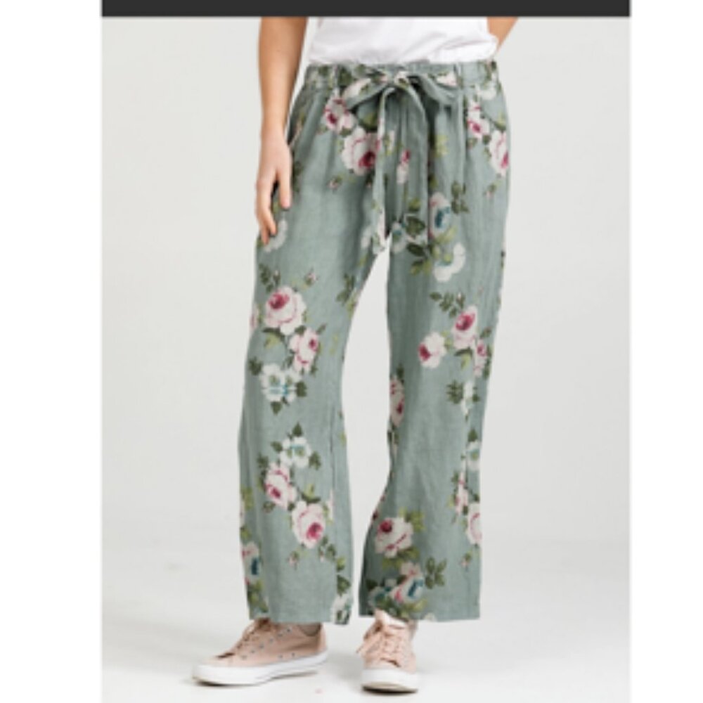 Miss Rose Sister Violet Linen Floral Cabbage Rose Wide Leg Crop Pants Eva S/M